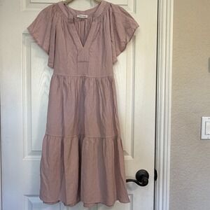 Calvin Klein Tiered Boho Peasant Midi Dress V Neck Flutter Crinkle Mauve Size 8